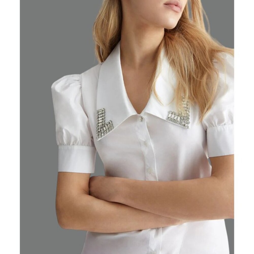 NWT Jason Wu White Cotton Poplin Rhinestone-Embellished Short Sleeve Shirt Sz S